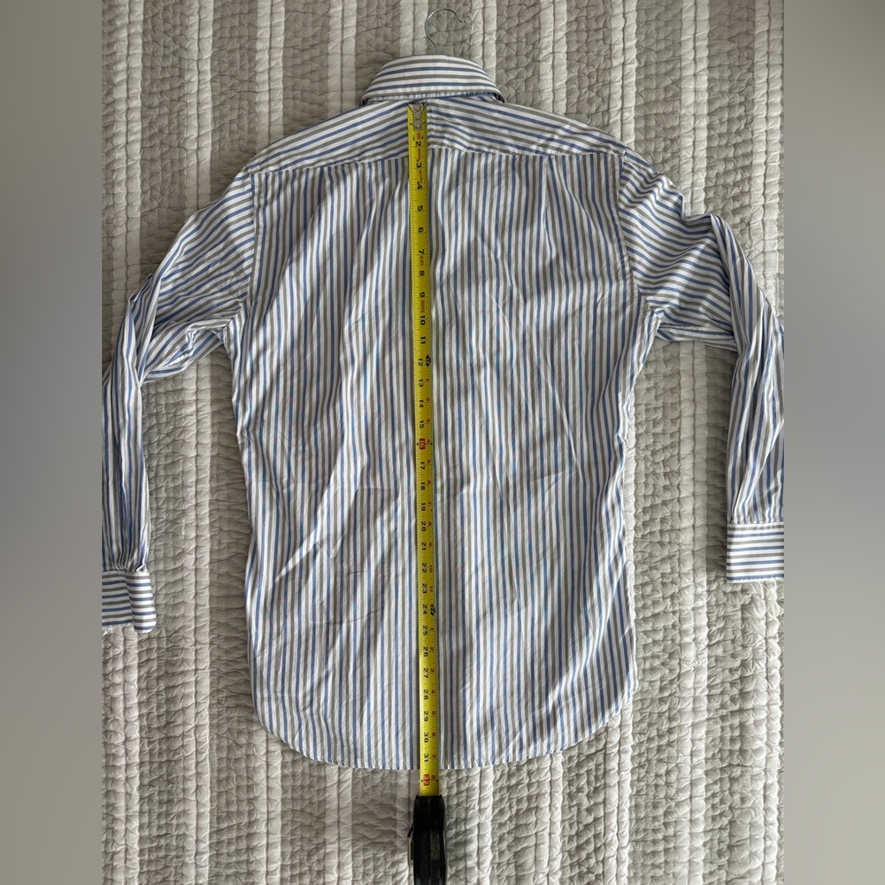 Men’s Peter Millar Blue and White Vertical Stripe Dress Shirt, Size Medium - Picture 5 of 8